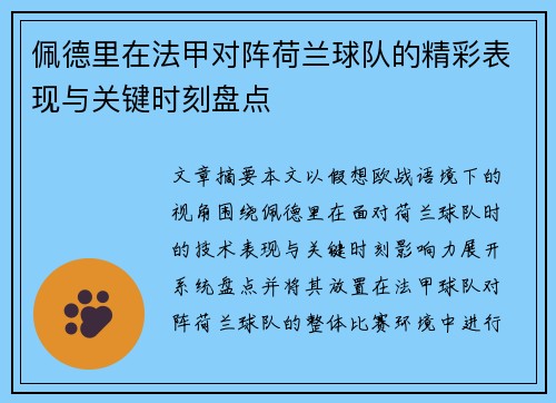 佩德里在法甲对阵荷兰球队的精彩表现与关键时刻盘点