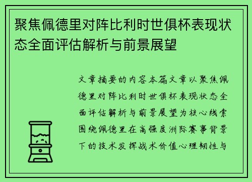 聚焦佩德里对阵比利时世俱杯表现状态全面评估解析与前景展望 聚焦佩德里对阵比利时世俱杯表现状态全面评估解析与前景展望